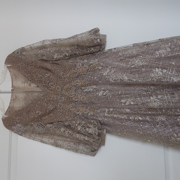 New Mac Duggal Sequin Lace Embroidery champagne colored A-line gown - Picture 2 of 7